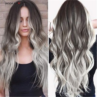 Tóc giả nữ xoăn dài bằng sợi tổng hợp chịu nhiệt màu Xám khói