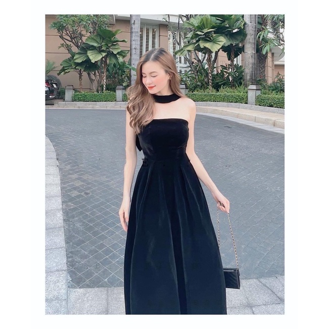 Váy Đầm Cup Ngực Xoè Nơ Lưng Bản To Phối Vòng Cổ Dự Tiệc Chất Nhung Size S M L V178 AĐ BOUTIQUE
