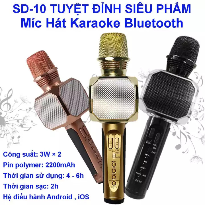 Micro hát karaoke kèm loa bluetooth 3 trong 1 Micro Kèm Loa Bluetooth Karaoke Sd-10, Âm Thanh Sống Động