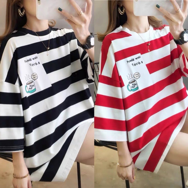 Áo thun nữ form rộng kẻ ngang cực hot 2021