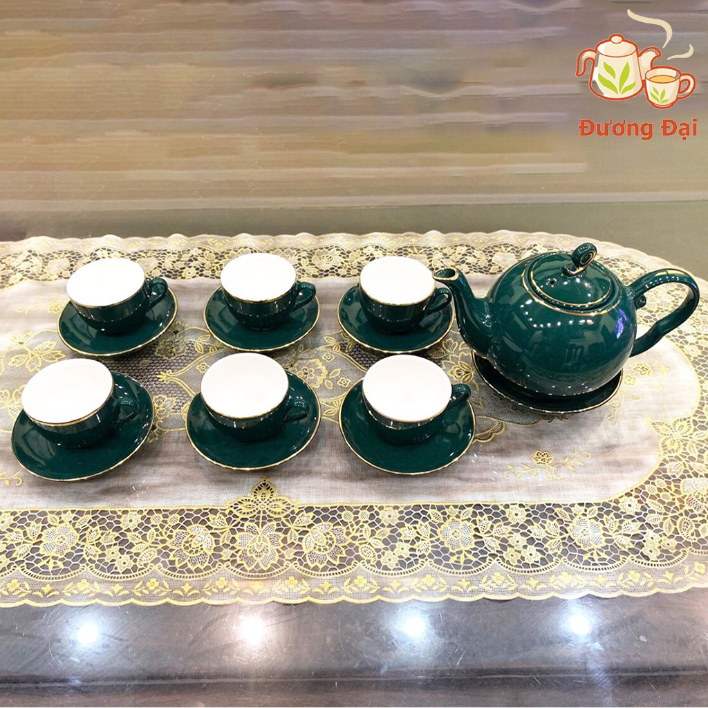 Bộ Ấm Chén Pha Trà Men Xanh Cổ Vịt Viền Vàng Cao Cấp Gốm Sứ Bát Tràng Đương Đại (bộ bình trà, uống trà)