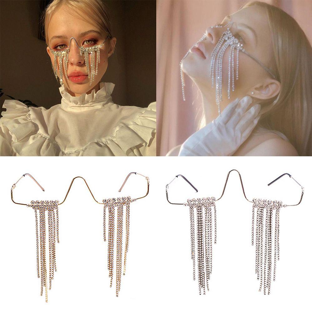 Kính Mát Không Gọng Đính Đá Phối Tua Rua Phong Cách Hip Hop Cho Nữ|Kính Mát Trang Trí Cổ Điển