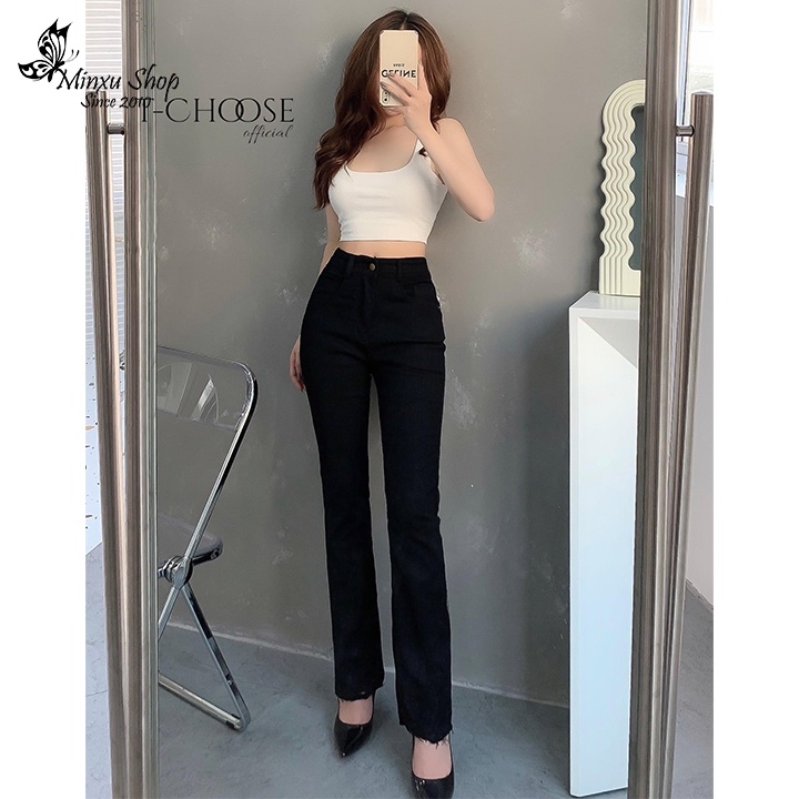 Quần Jean Ống Loe Cạp Cao Chất Vải Bò Co Giãn 4 Chiều Màu Đen Trơn Mặc Xinh Siêu Tôn Dáng Minxu Shop Q9147