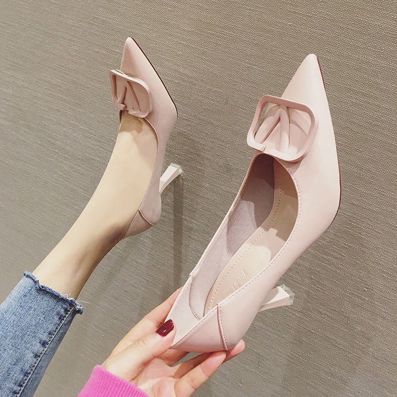 Giày Cao Gót Mũi Nhọn 7Cm Cỡ Lớn Phối Khóa Vuông Thời Trang Hàn Quốc Cho Nữ