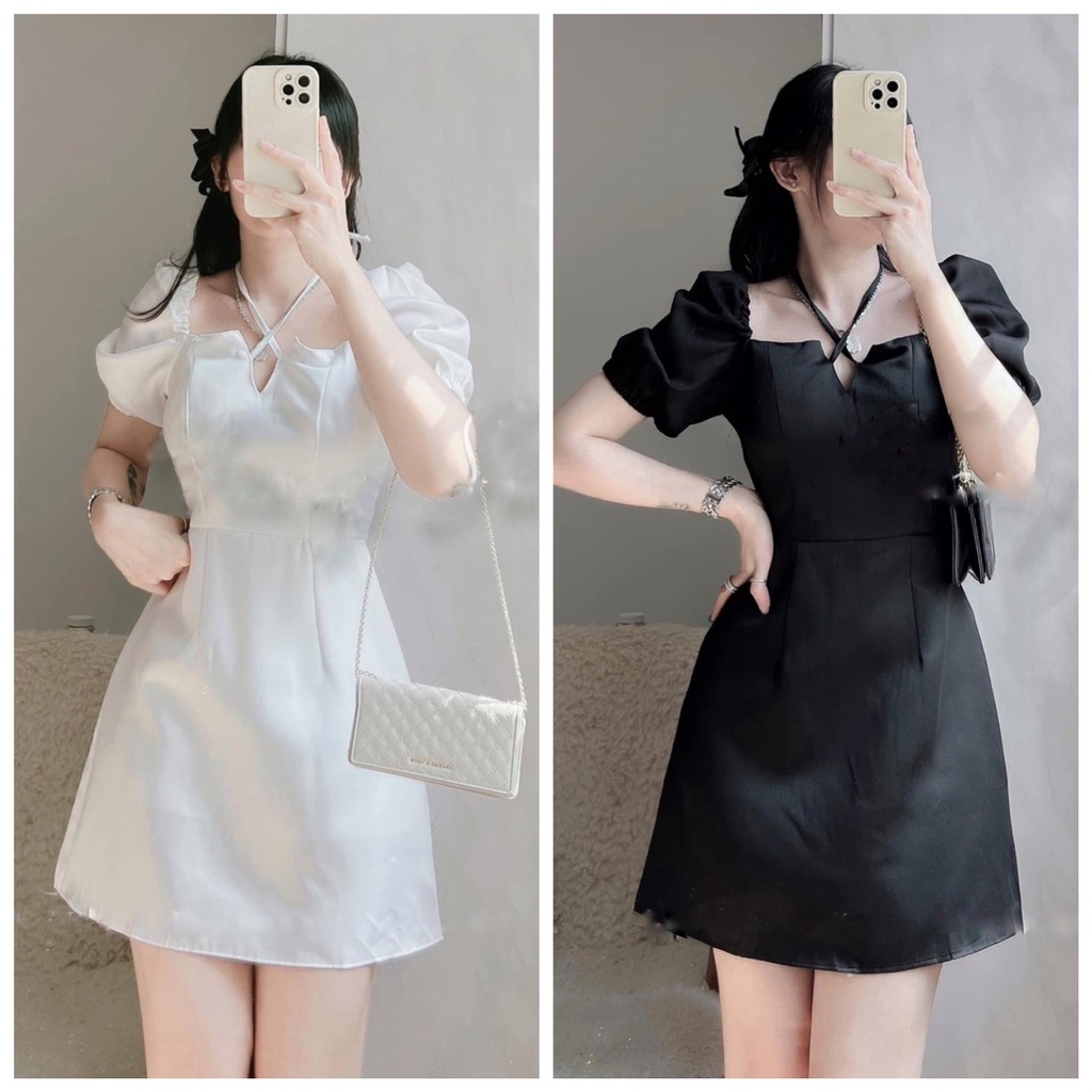 Váy đầm tay bồng thắt dây chéo