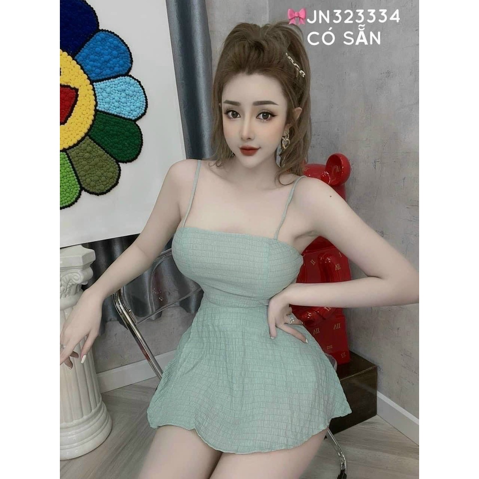Sét xốp áo 2 dây dài cúp ngực xòe dưới phối quần đùi cực hot , chất xốp mềm mịn ly