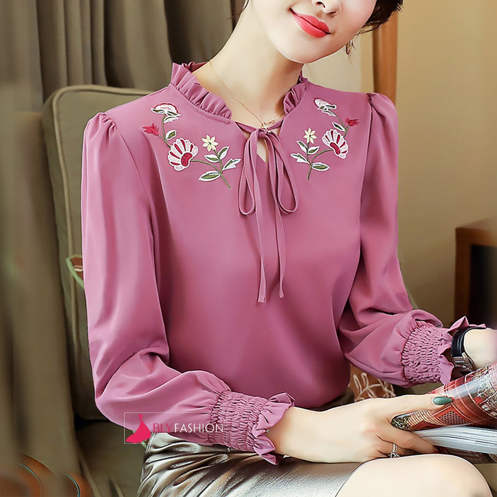 Áo sơ mi cổ tim thắt nơ tay dài chất liệu lụa Hàn Quốc cao cấp BlyFashion SM251 thời trang công sở Thanh lịch Sang trọng