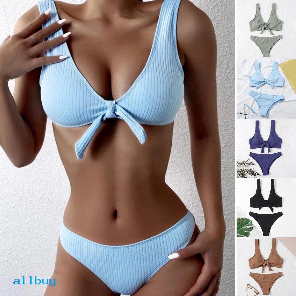 Bộ Đồ Bơi Bikini Hai Mảnh Trễ Vai Co Giãn Màu Trơn Đính Nơ Dành Cho Nữ