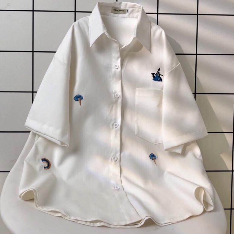 Áo Sơ Mi Tay Lỡ Unisex Form Rộng Nam Nữ Ulzzang Hình Thêu Chất Co Dãn Thoải Mái...