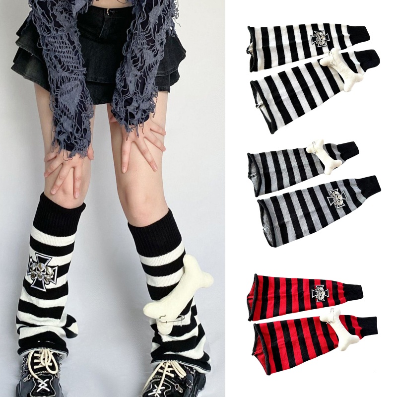 Xiangbao Vớ Dệt Kim Dài Đến Đầu Gối Trang Trí Xương Đầu Gối Phong Cách Gothic Harajuku Đường Phố Giữ Ấm Cho Nữ