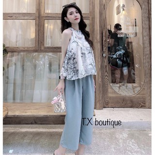 Sét áo cổ yếm hoa mix quần đũi sang chảnh - Áo chất tơ lụa cao cấp cực mềm, đẹp mát - Trong may lót, Quần vải đũi.