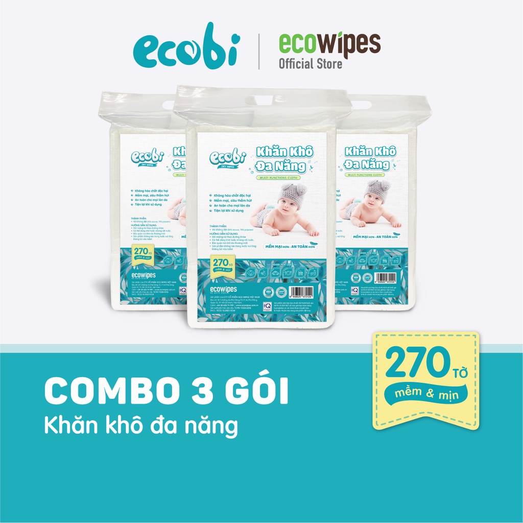 Combo 3 Túi Khăn khô đa năng Ecobi (270 tờ) Lau em bé, Tẩy trang - Thành phần Cotton thấm hút