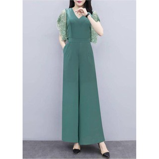 Bộ đồ bay - Jumpsuit ống rộng cổ tim phối tay ren 2 màu siêu đẹp