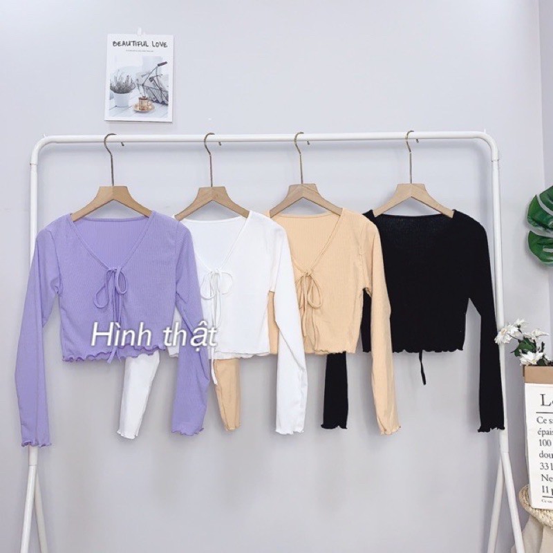 Áo khoác cardigan croptop buộc nơ chất thun gân tay dài