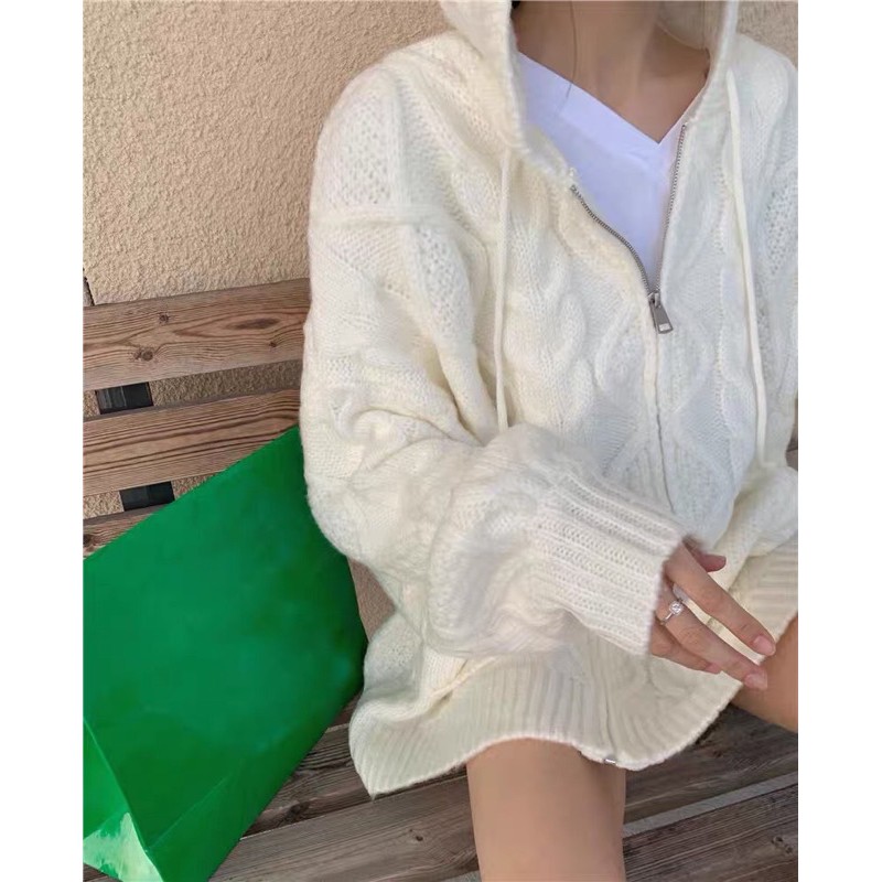 Áo khoác len có mũ kéo khoá oversize