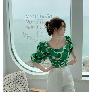 Áo hoa xanh croptop tay phồng đi biển 2021 freesize