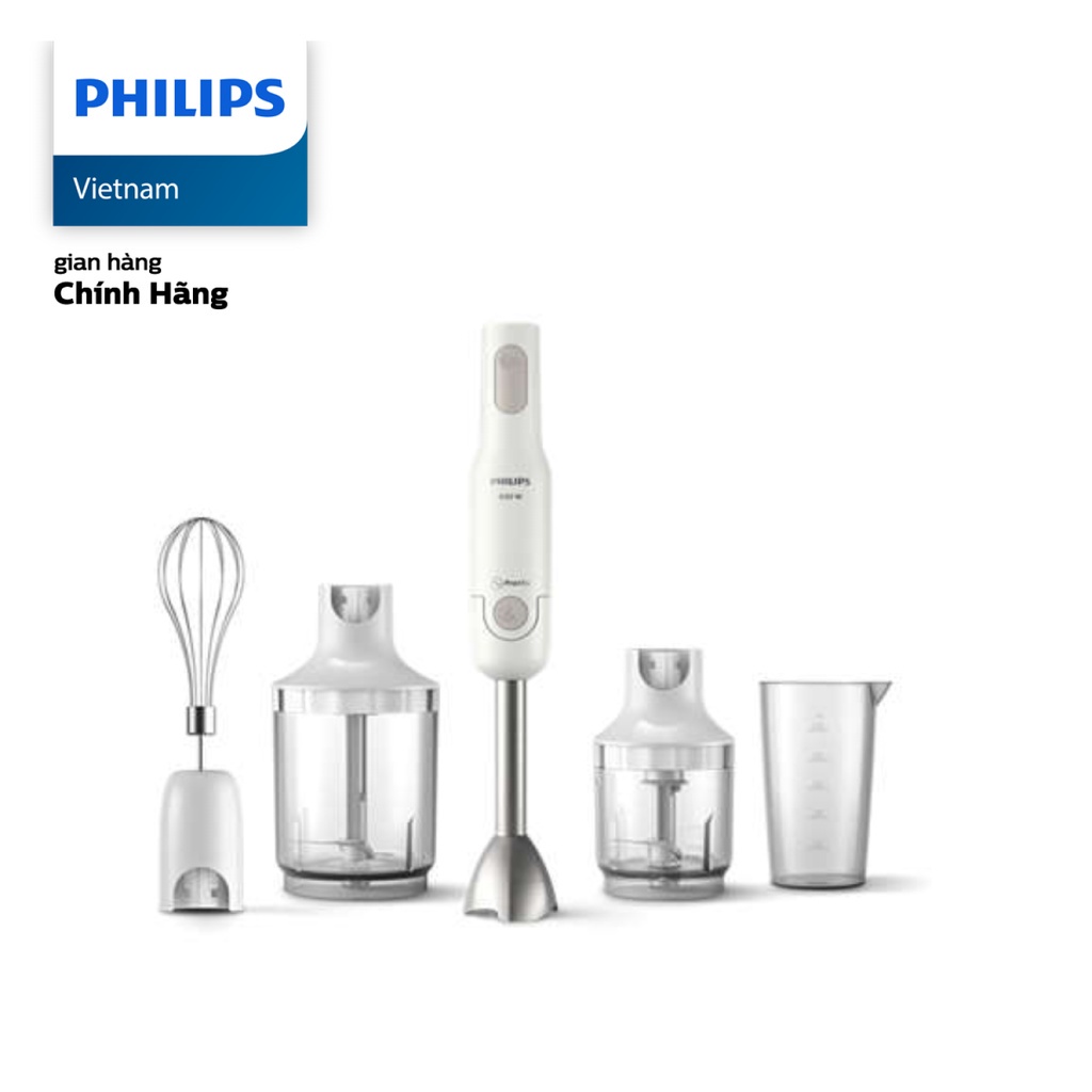 Máy xay cầm tay Philips HR2537/00 ProMix 650W (Trắng) - Đi kèm nhiều cối và đánh trứng - Bảo Hành Chính Hãng 2 Năm