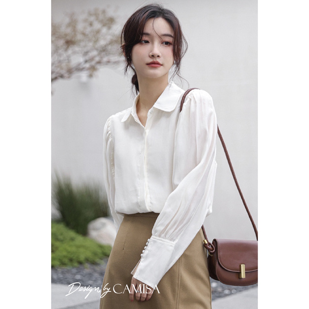 Áo Sơ Mi Nữ CAMISA Form Rộng Cổ Bèo Tay Phồng Hàn Quốc, Sơ Mi Trắng Công Sở Đẹp Dài Tay Kiểu Nữ Vải Đũi Cao Cấp CM01