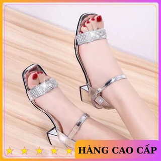 Giày sandal gót vuông 5cm quai đính đá bạc