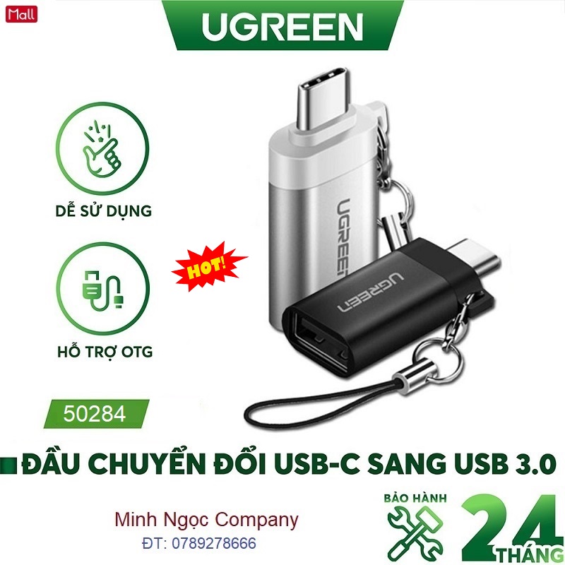 Đầu chuyển đổi cổng USB 3.0 sang Type-C đực Ugreen 50284 US270 vỏ Nhôm hỗ trợ OTG có dây gắn móc treo chìa khóa