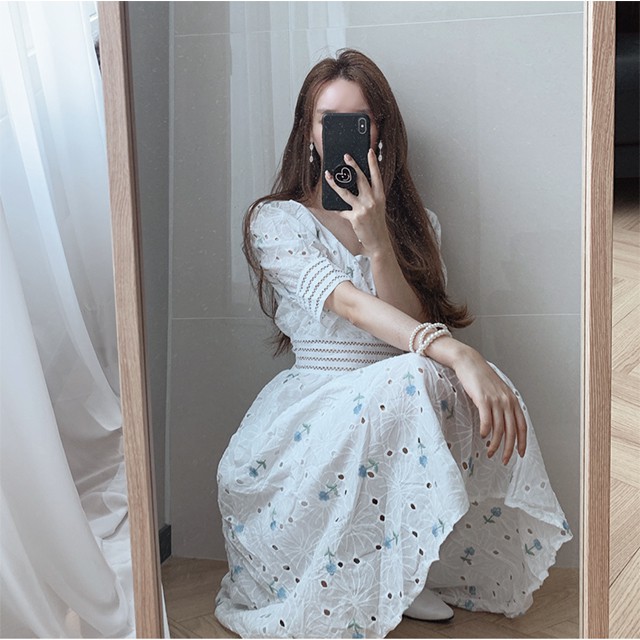 Đầm hoa phối ren tay bồng cổ vuông thanh lịch - ảnh thật ở cuối - psyche | BigBuy360 - bigbuy360.vn