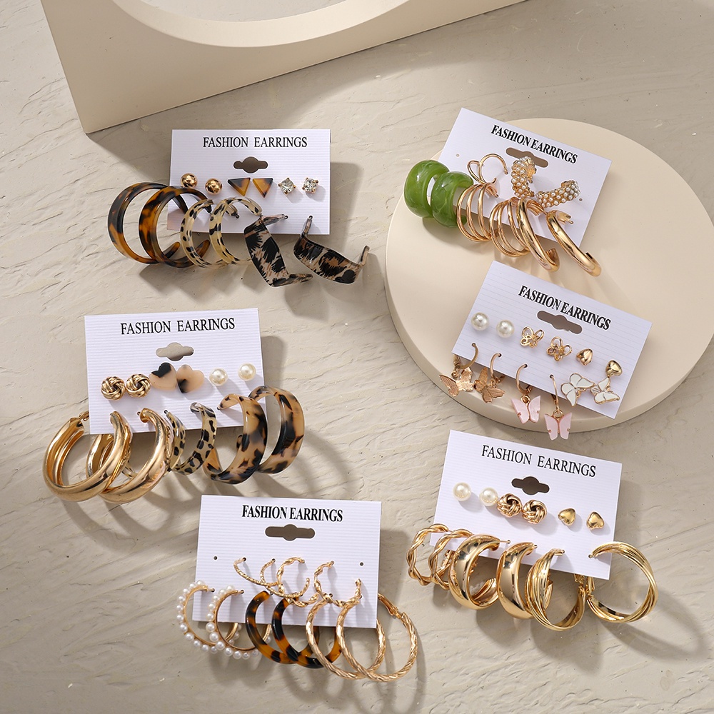 Set khuyên tai bằng kim loại và nhựa họa tiết bướm da báo đính ngọc trai nhiều kiểu dáng đa dạng