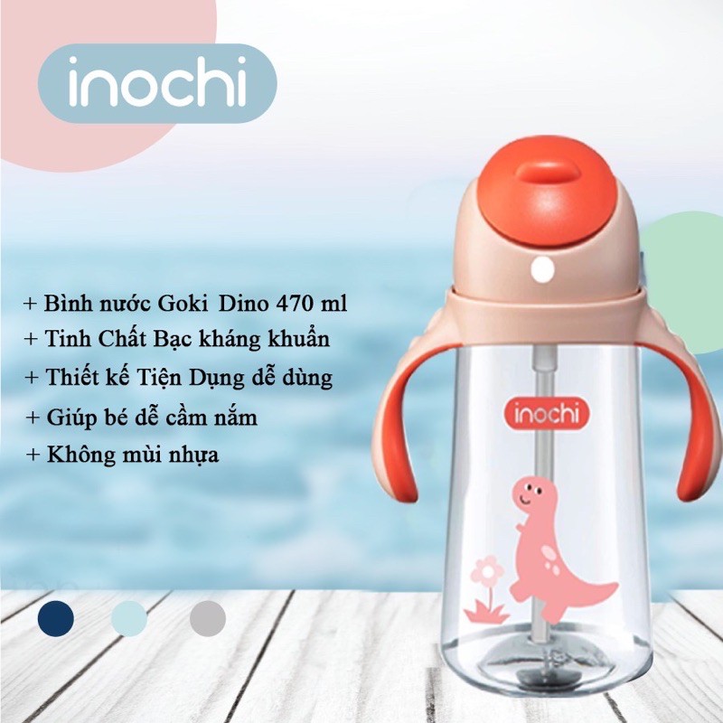 Bình nước INOCHI Cho bé chất liệu nhựa nguyên sinh kháng khuẩn Ag+ dễ cầm nắm và tiện dụng Goki Dino 470