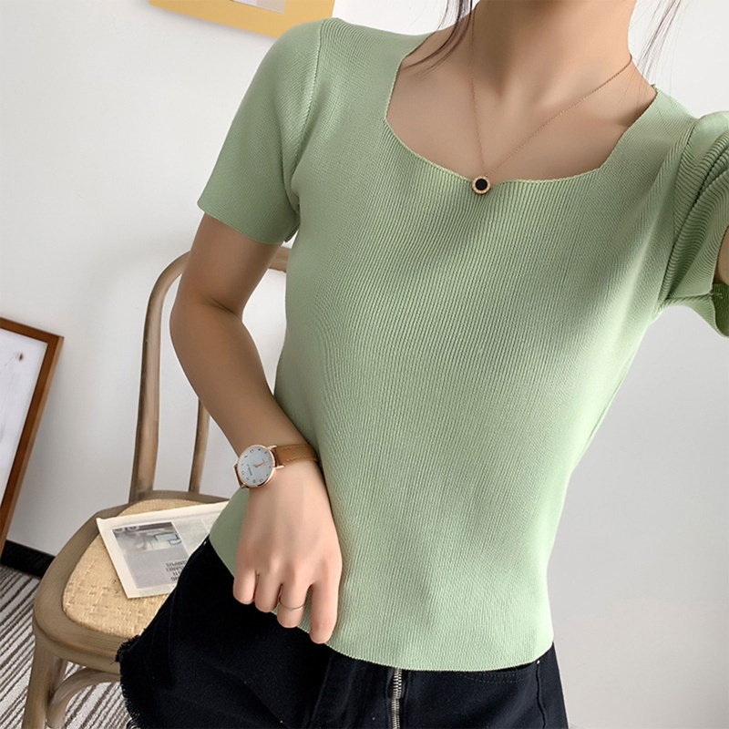 Áo Thun Dệt Kim Tay Ngắn Cổ Vuông Màu Trơn Dáng Ôm Thời Trang Cho Nữ