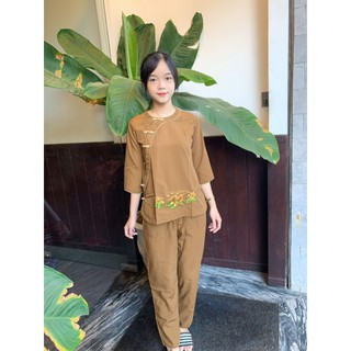 Đồ lam Đi chùa nữ. viền Đôi đồ lam cổ tròn nút so đủ size