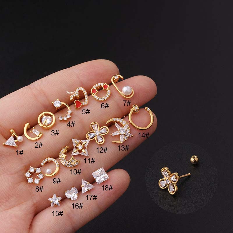 1 Khuyên tai bằng thép không gỉ và đồng đính đá zircon hình tròn / trái tim / bông hoa / trăng / sao 20G