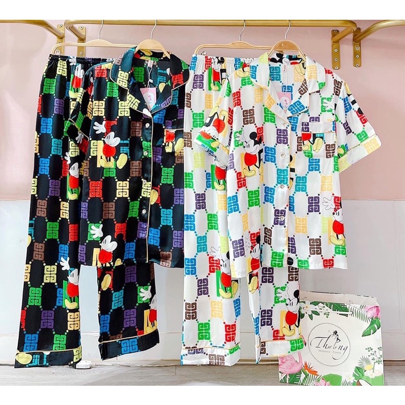 Pijama tay ngắn quần dài cổ áo sơ mi lụa satin cao cấp quảng châu