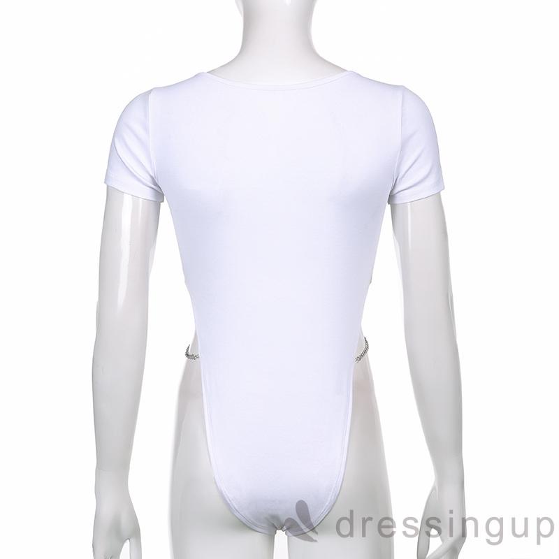 Áo liền quần tay ngắn cổ tròn eo cao phối dây xích độc đáo trang trí thời trang mùa hè cho nữ