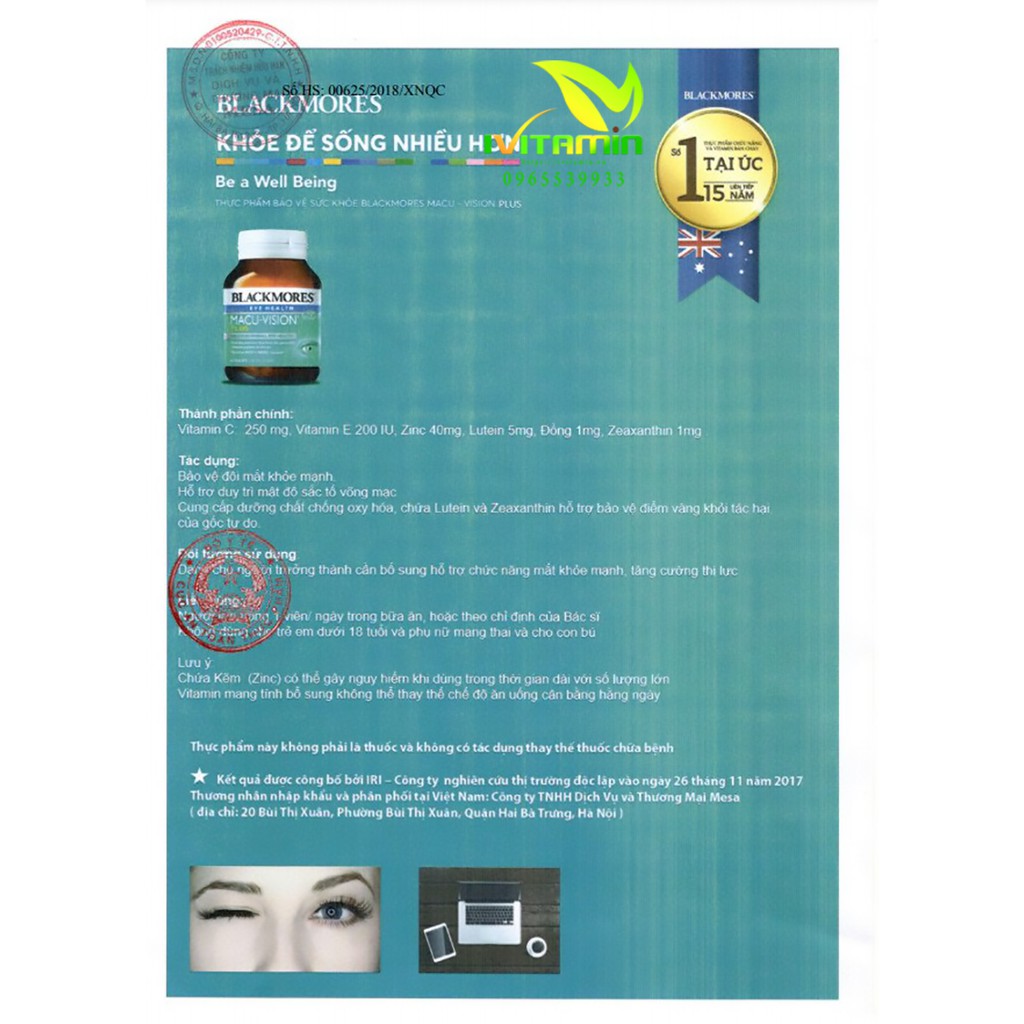 Bổ mắt Blackmores Macu Vision Úc giảm khô mắt, mỏi mắt 125 viên 150 viên | Thế Giới Skin Care