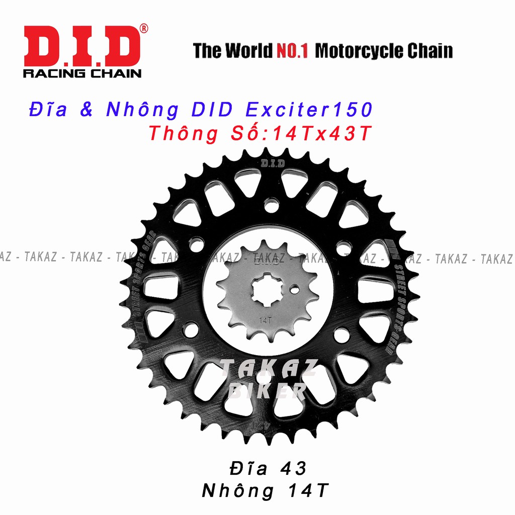 Nhông và đĩa rời 14T x 42T DID - Exciter 150 - FZ 150 Made in Thái Lan Sơn Bóng Đen Siêu Đẹp