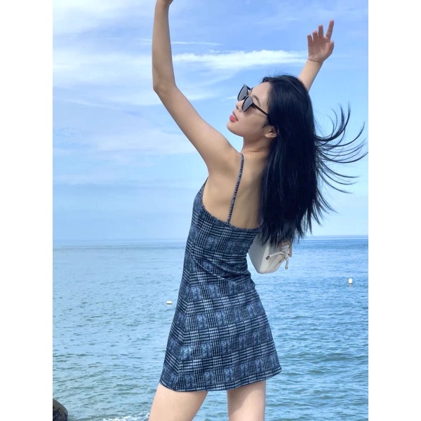 Đầm Thun Hai Dây Caro Xanh Đen Siêu Hack Dáng