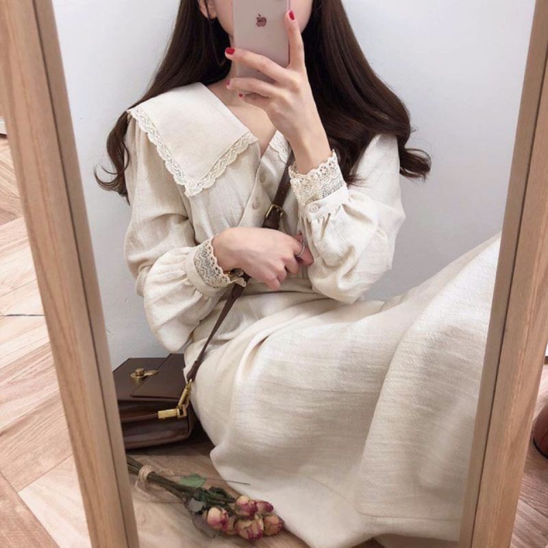 Váy xòe dáng dài cổ bẻ viền ren