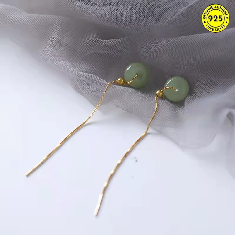 Hoa tai dáng dài đính ngọc bích phối tua rua thời trang cho nữ