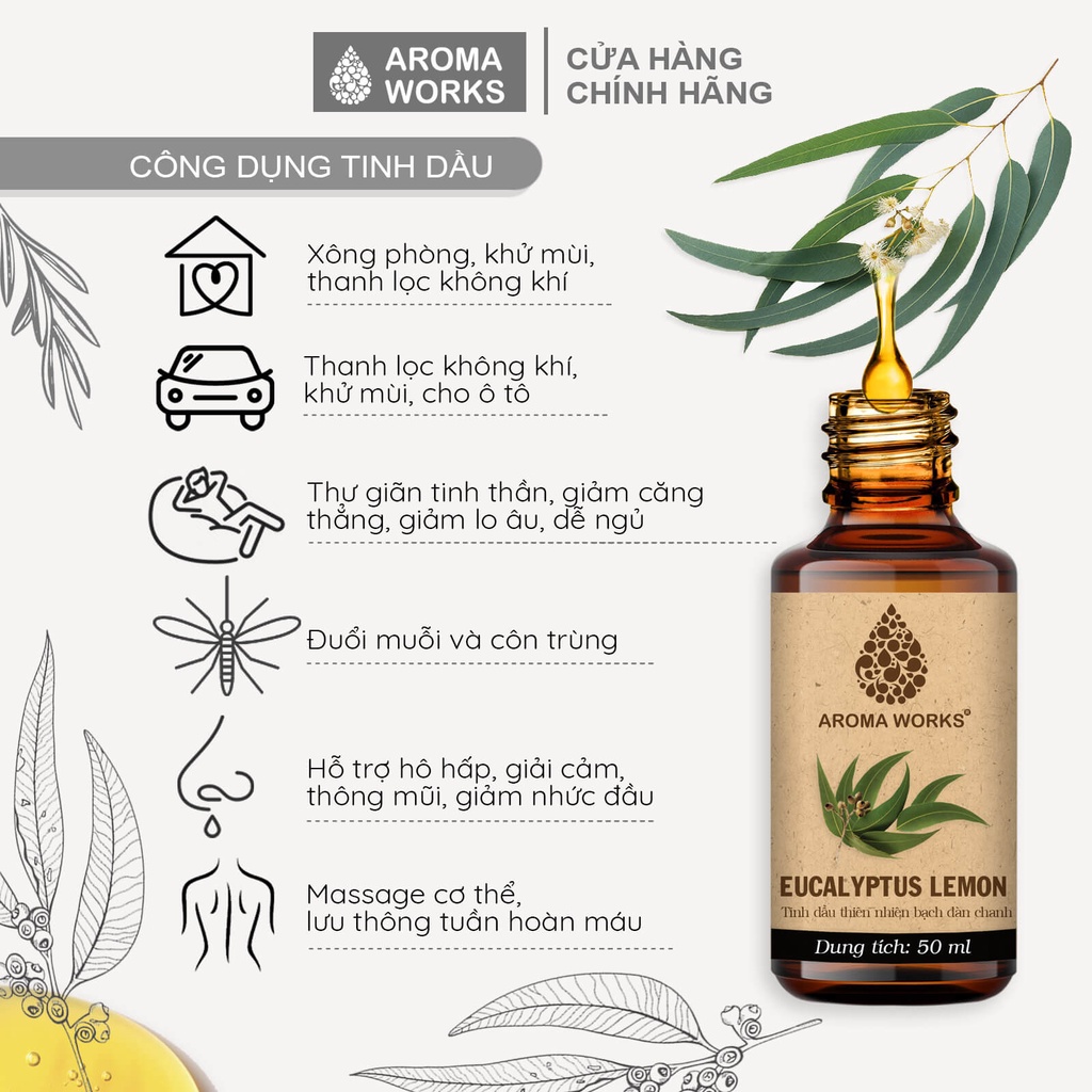 Tinh dầu bạch đàn chanh Aroma Works xông phòng, giúp dễ ngủ, thư giãn, đuổi muỗi, giải cảm, khử mùi 10ml -100ml