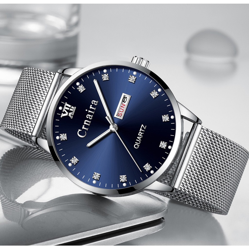 (CHÍNH HÃNG) Đồng Hồ Nam Mặt Đính Đá CRNAIRA JAPAN Chạy 2 Lịch Dây Thép Lụa Cao Cấp _Full Box | BigBuy360 - bigbuy360.vn