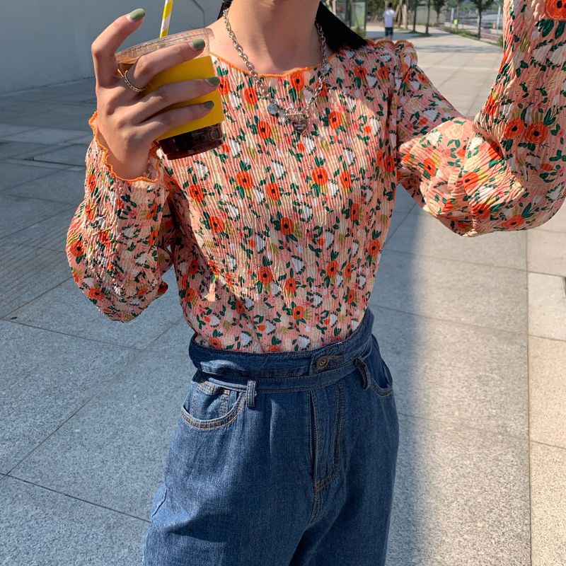 Áo Kiểu Tay Dài In Hoa Thời Trang Mùa Thu Phong Cách Vintage