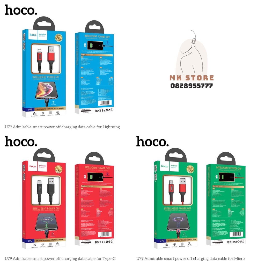 Cáp sạc hoco U79 tự ngắt thông minh cho iphone,type c,micro poogroup BH 1 đổi 1 trong 12 tháng