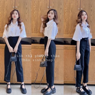 Sét quần bagy vải đen + áo sơ mi cộc tay