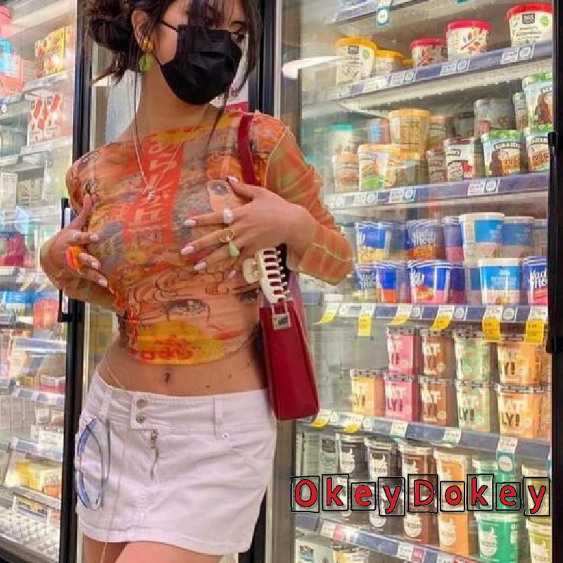 Áo Thun Crop Top Tay Dài Phối Lưới Xuyên Thấu Y2K Phong Cách Harajuku Cổ Điển Thời Trang Mùa Thu Cho Nữ 90s