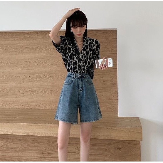 Quần Short Denim Lưng Cao Ống Rộng Thời Trang Mùa Hè Cho Nữ