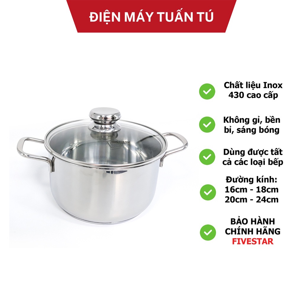 Nồi inox FiveStar Standard 3 đáy sandwich 16cm/18cm/20cm/24cm dùng cho bếp từ, bếp hồng ngoại, bếp ga