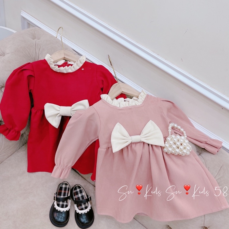 Váy nhung lì phối nơ trắng sn kids