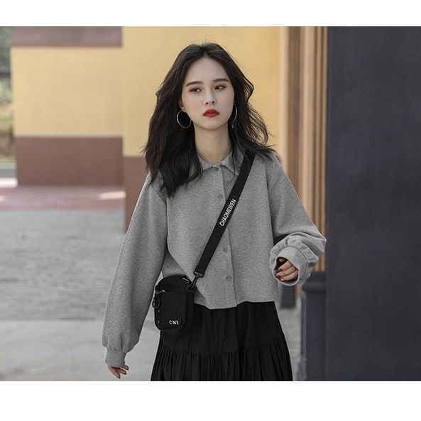 Áo dáng lửng dài tay cổ bẻ thời trang đơn giản cho bạn nữ