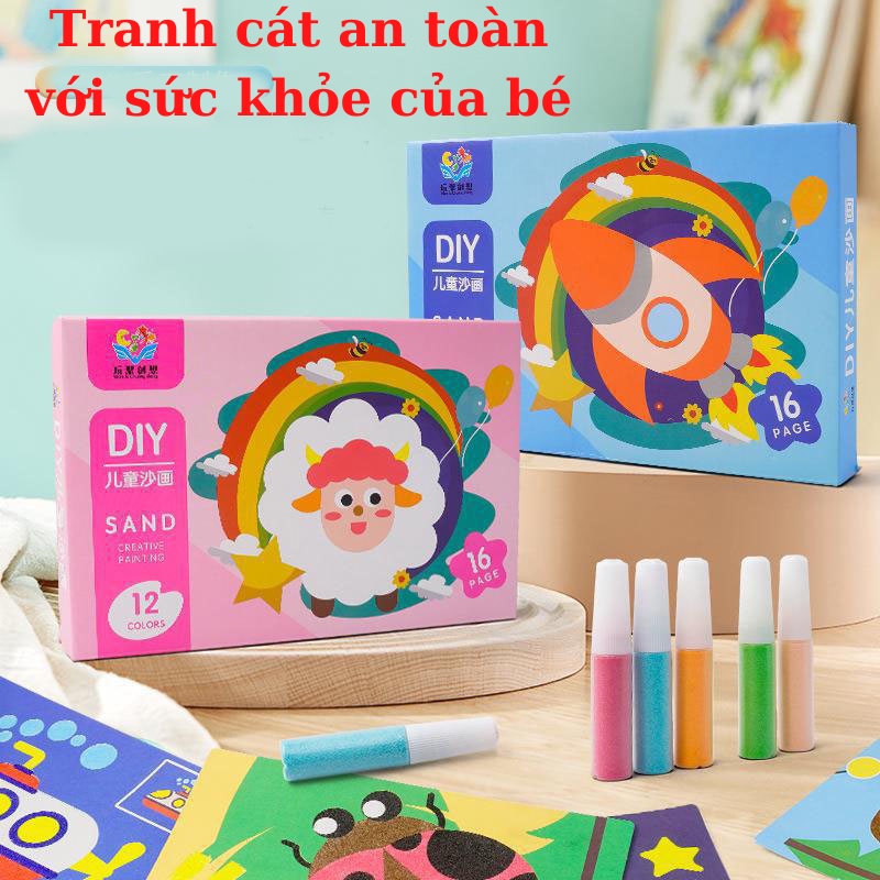 Tranh cát cho bé 16 tranh và 12 màu ngỗ nghĩnh có bé trai và bé gái đầy đủ màu