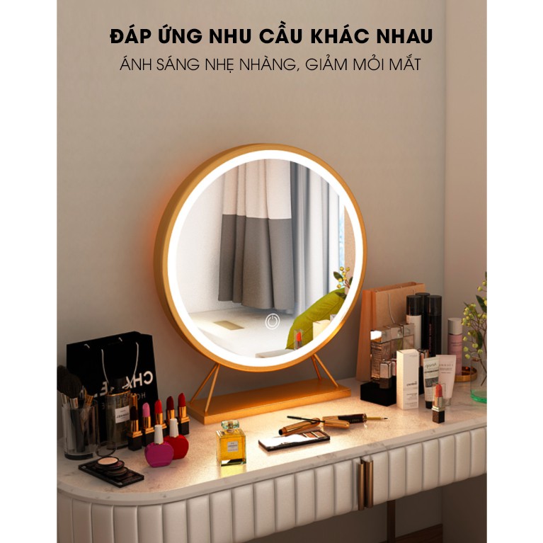 Gương trang điểm để bàn có đèn led cảm ứng sang trọng cao cấp hiện đại không cần pin