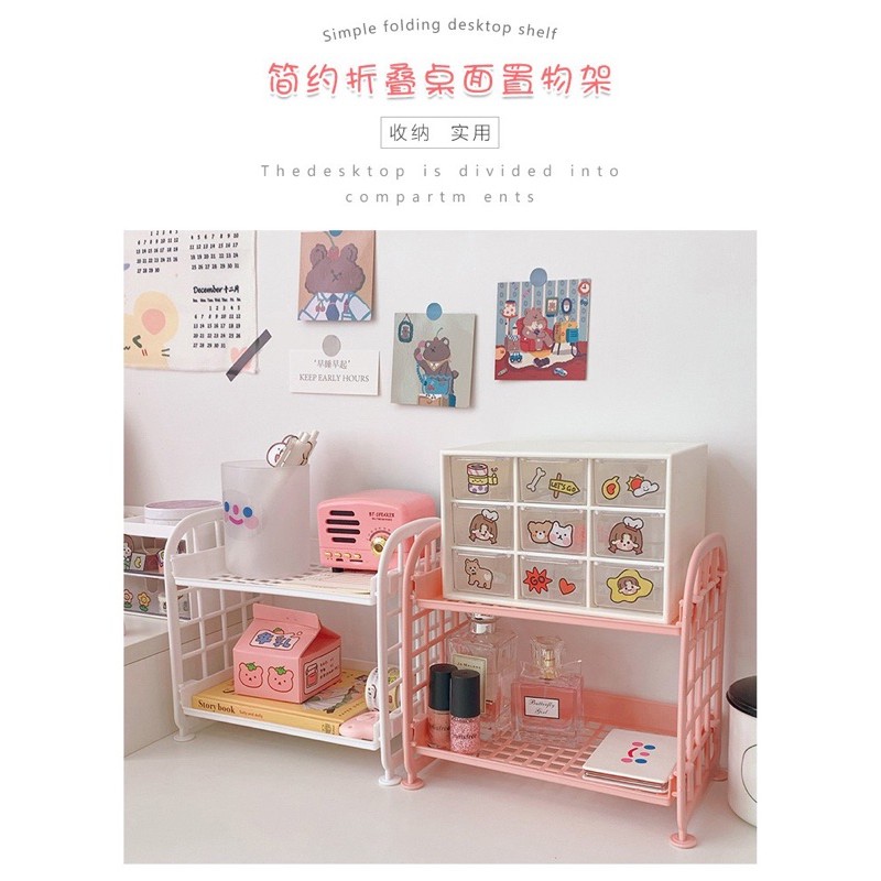 Kệ nhựa mini 2 tầng để đồ dùng học tập trang trí bàn học phong cách Hàn Quốc dành cho cô gái dễ thương